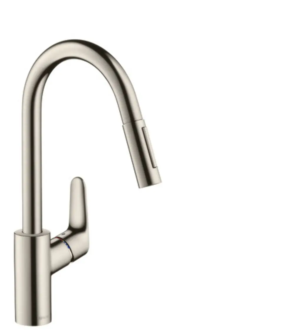 Küchenarmatur mit Ausziehbrause in Edelstahl-Optik von Hansgrohe. Der Griff befindet sich am Korpus und ermöglicht eine einfache Bedienung.